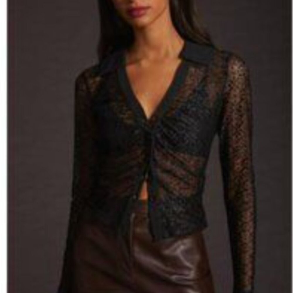Maeve Anthropologie Sheer Open Lace Button Up Black Collared Shirt Top Sz L